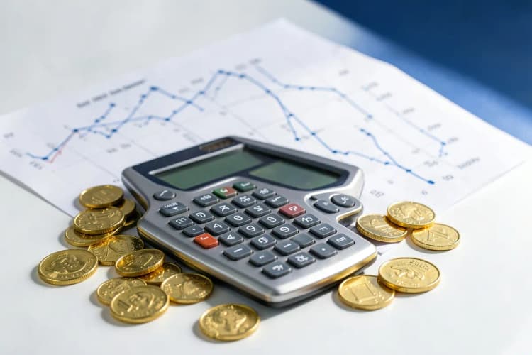 Uma calculadora e moedas de ouro espalhadas sobre um gráfico financeiro.