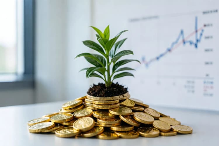 Uma planta crescendo em cima de um monte de moedas de ouro, com um gráfico financeiro ao fundo.