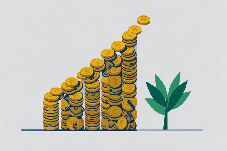 Um gráfico de barras crescente feito de moedas de ouro e notas de dinheiro, com uma planta crescendo ao lado