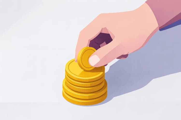 Uma mão colocando uma moeda de ouro em uma pilha crescente de moedas em cima de uma mesa