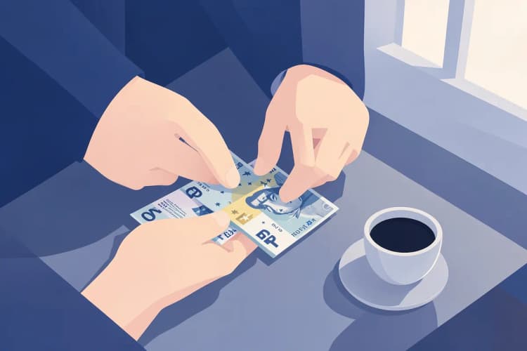 Uma pessoa contando notas de dinheiro em cima de uma mesa com um copo de café ao lado
