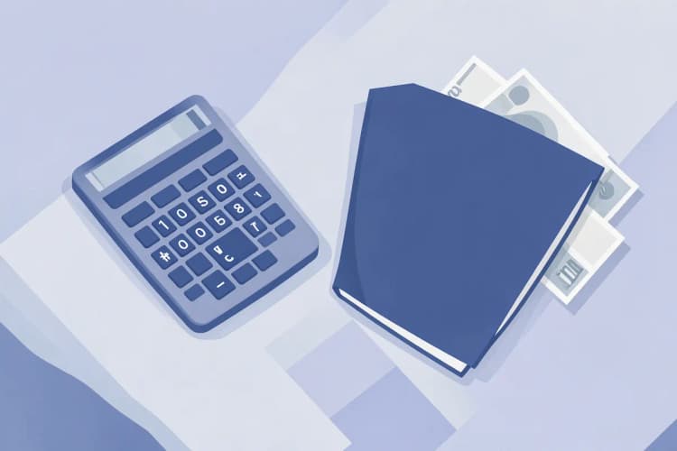 Uma calculadora e um bloco de notas fechado em cima de uma mesa com algumas notas de dinheiro