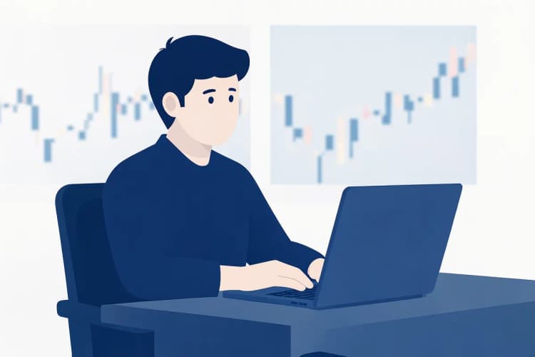 Uma pessoa sentada em uma mesa com um laptop aberto e um gráfico financeiro em uma tela desfocada ao fundo