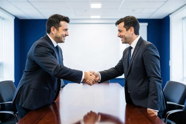 Duas mãos masculinas em ternos escuros apertando uma à outra sobre uma mesa de reunião com documentos desfocados ao fundo.