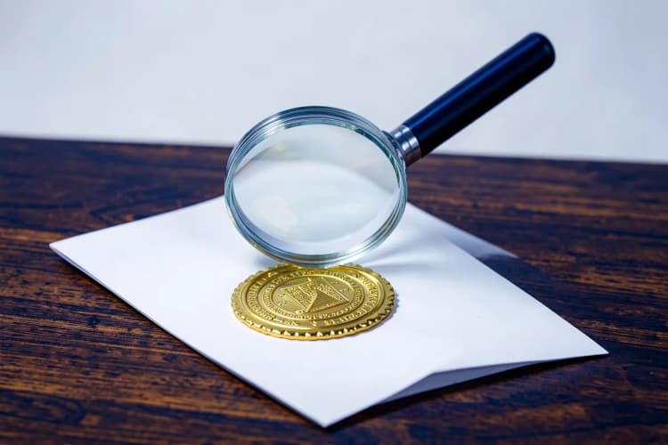 Uma lupa examinando um contrato com selo dourado em uma mesa de madeira.