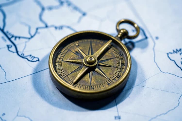 Uma bússola apontando para um ícone de alvo em um fundo de mapa desfocado.