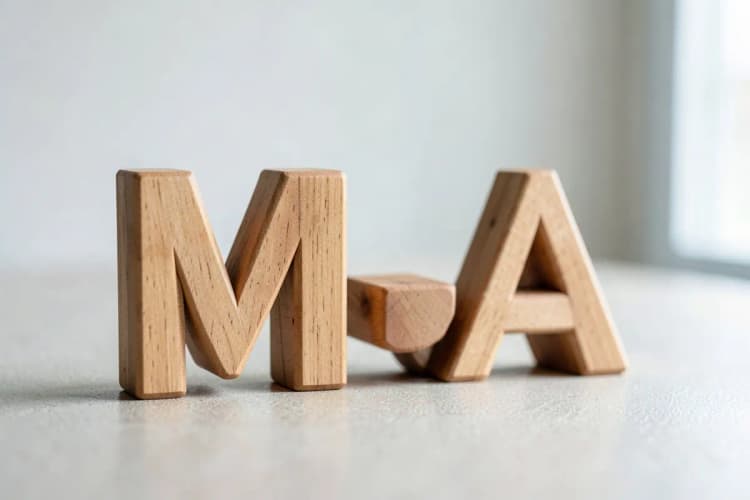 A sigla "M&A" formada por blocos de madeira sobre uma superfície texturizada.