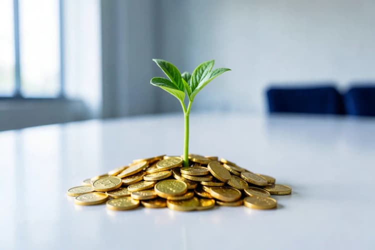 Uma planta verde vibrante crescendo a partir de um monte de moedas de ouro, em um fundo de mesa de escritório.