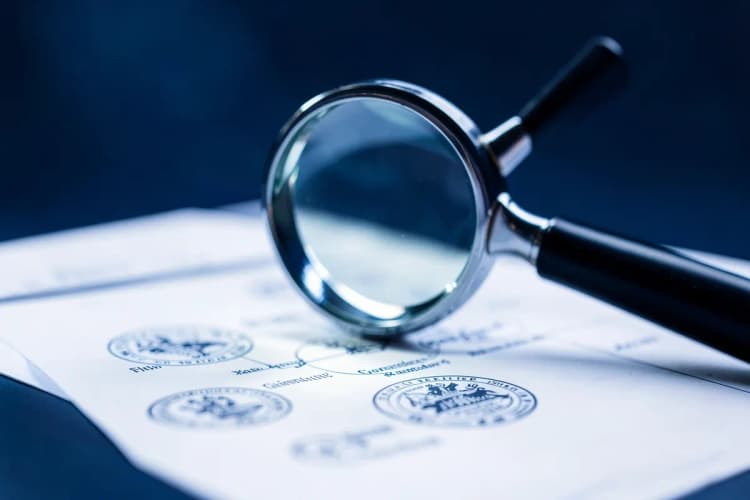 Uma lupa examinando um documento com selos, simbolizando análise e due diligence.