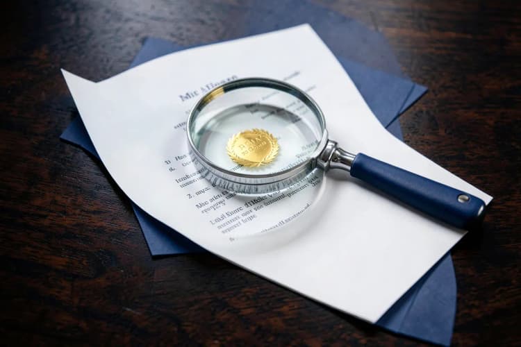 Uma lupa sobreposta a um contrato com selo dourado, em cima de uma mesa de madeira escura.