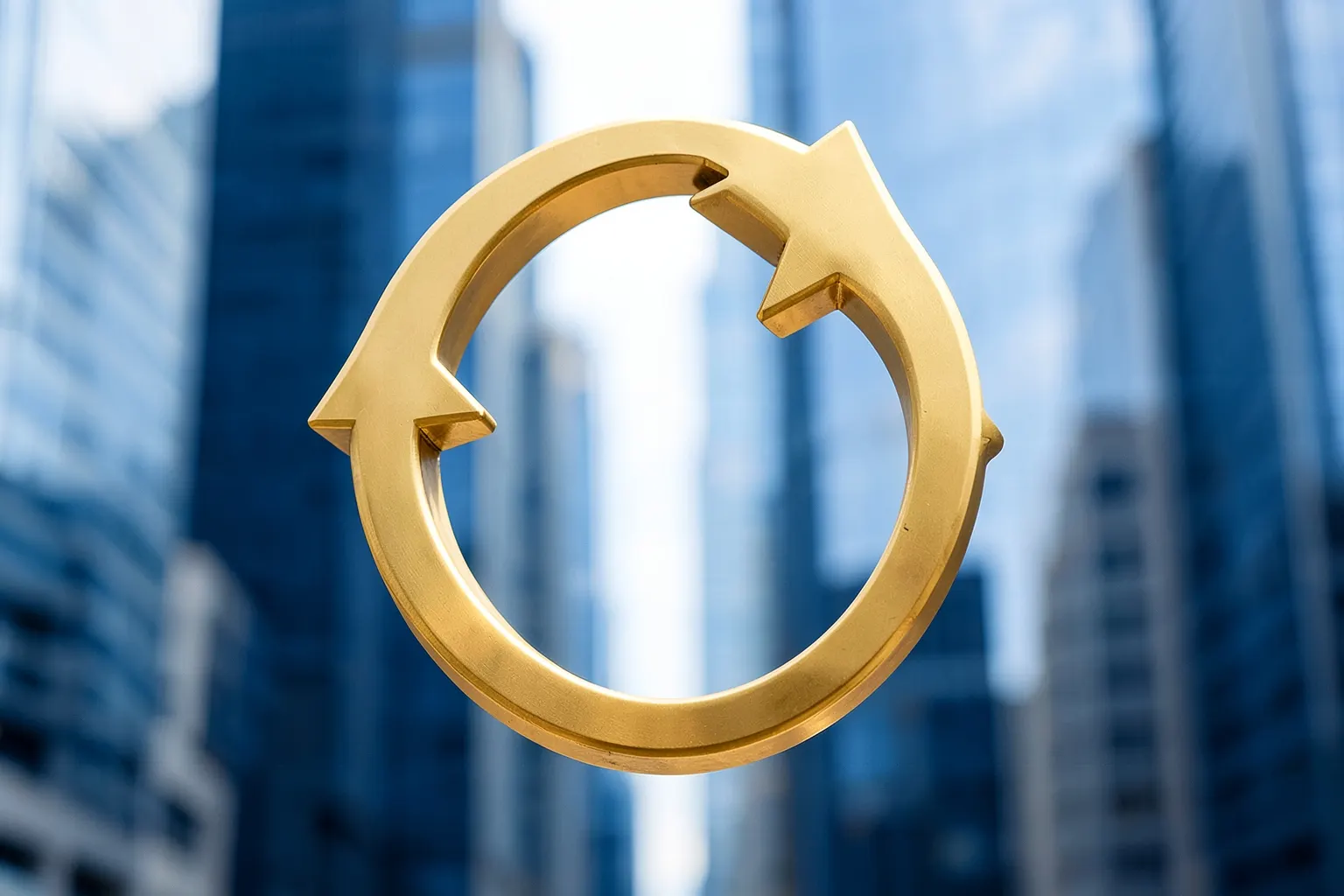 Duas setas de metal dourado se unindo no centro, formando um círculo com fundo desfocado de prédios modernos.
