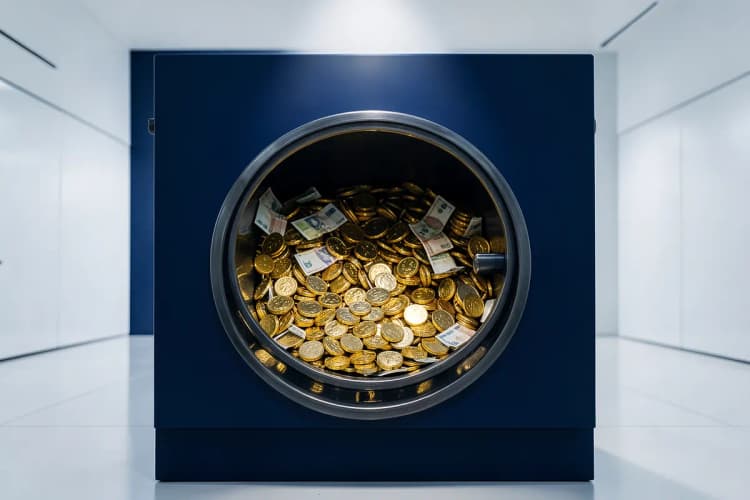 Um cofre aberto com moedas de ouro e notas transbordando, em um fundo escuro.