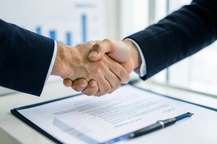 Um aperto de mão sobre um contrato com um gráfico de barras desfocado ao fundo.