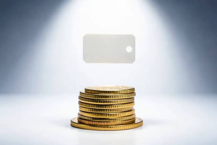 Uma pilha de moedas de ouro com uma etiqueta de preço flutuando acima, em um fundo escuro.