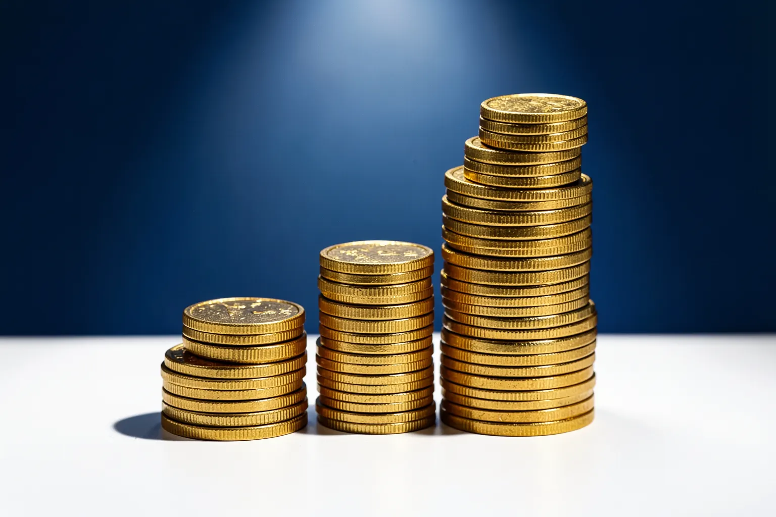 Um gráfico de barras ascendente com moedas de ouro caindo ao redor, em um fundo escuro com luzes desfocadas.