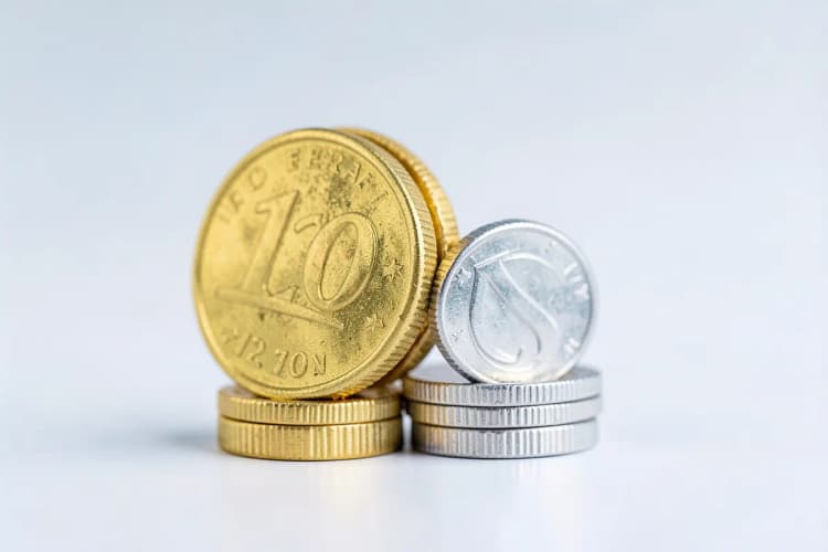 Duas moedas empilhadas, uma maior que a outra, representando valores diferentes.