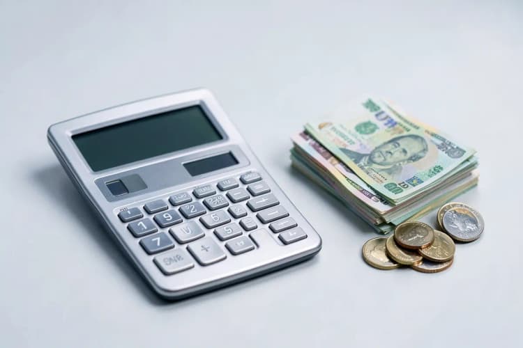 Calculadora financeira com notas de dinheiro e moedas ao lado.