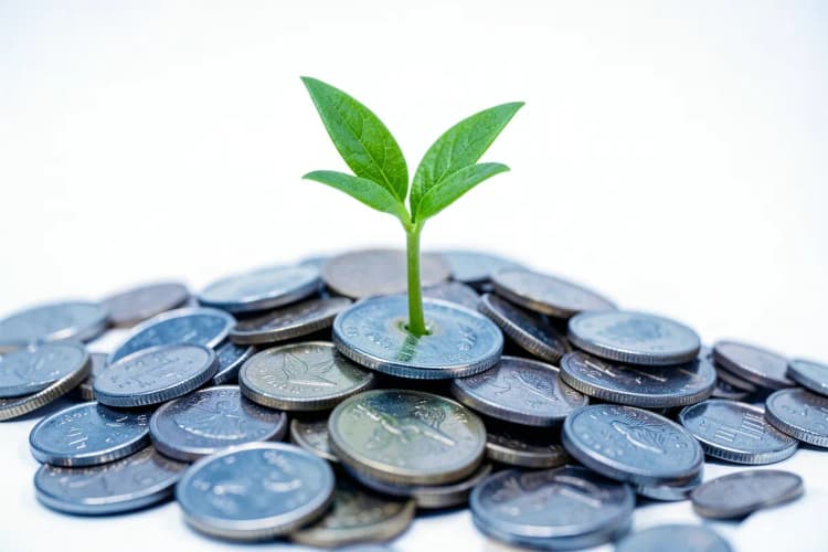 Gráfico de linha ascendente com moedas caindo, indicando projeção de crescimento financeiro.
