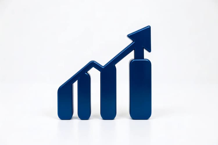 Gráfico de barras abstrato com setas apontando para cima, simbolizando crescimento e finanças.