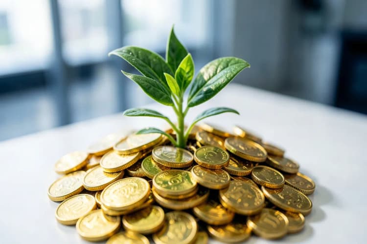 Uma planta crescendo de um monte de moedas, simbolizando o crescimento financeiro através de fusões e aquisições.
