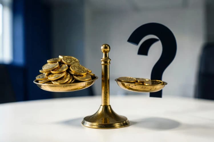 Uma balança com moedas de ouro de um lado e um ponto de interrogação do outro, simbolizando os riscos e incertezas em M&A.