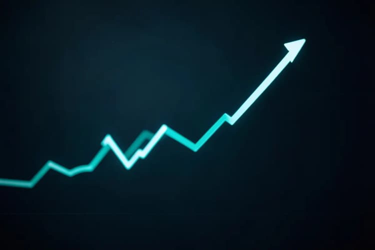 Gráfico de linhas mostrando tendências de mercado com setas indicando crescimento e volume.