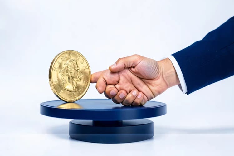 Uma balança com uma moeda de ouro de um lado e um aperto de mão do outro, em um fundo desfocado.