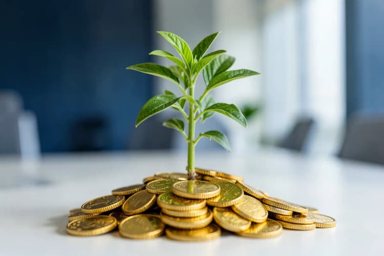 Uma planta crescendo de um monte de moedas de ouro, em um fundo de escritório claro.