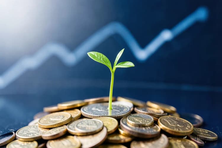 Uma planta crescendo de um monte de moedas, com um gráfico de linhas ao fundo, simbolizando o crescimento do valor de uma empresa.