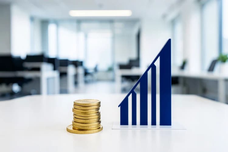 Gráfico de barras ascendente com moedas de ouro empilhadas ao lado, em fundo azul claro.