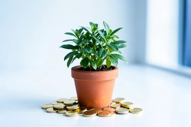 Uma planta crescendo em um vaso com moedas de ouro ao redor, em fundo branco.